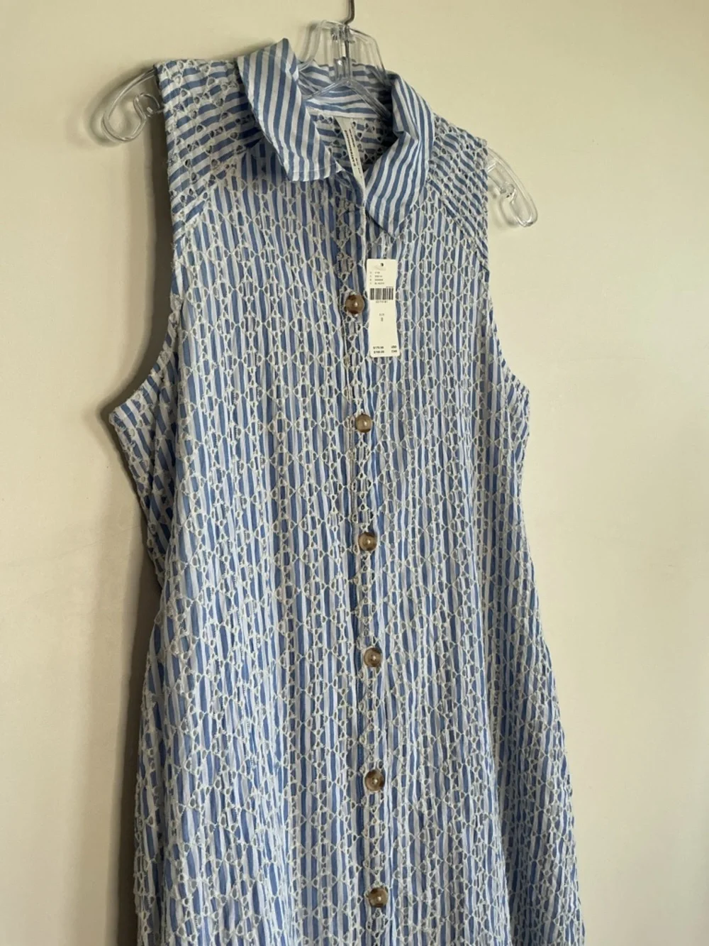 NWT Anthropologie Blue White Striped Eyelet Midi Shirt Dress 8 Coastal Pockets - Picture 5 of 9